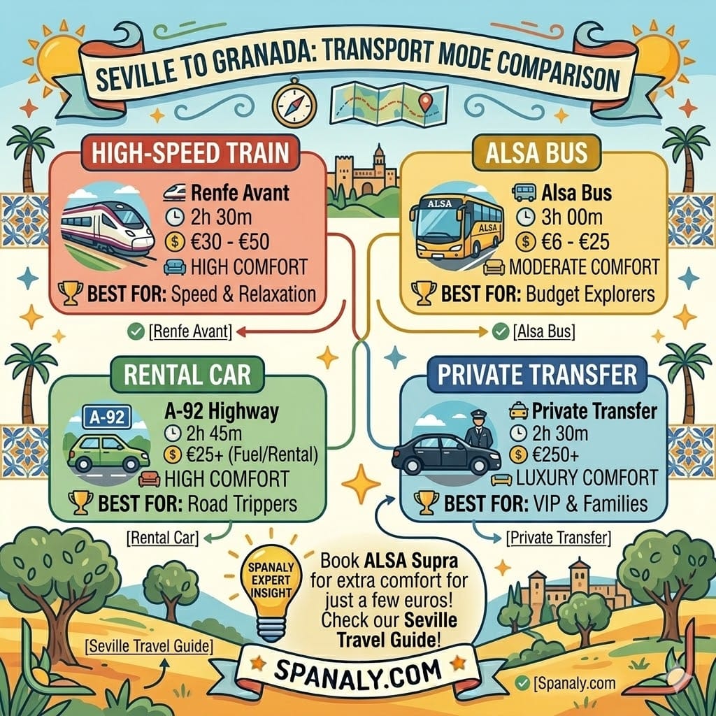 Comparison of train, bus, and car travel options from Seville to Granada.