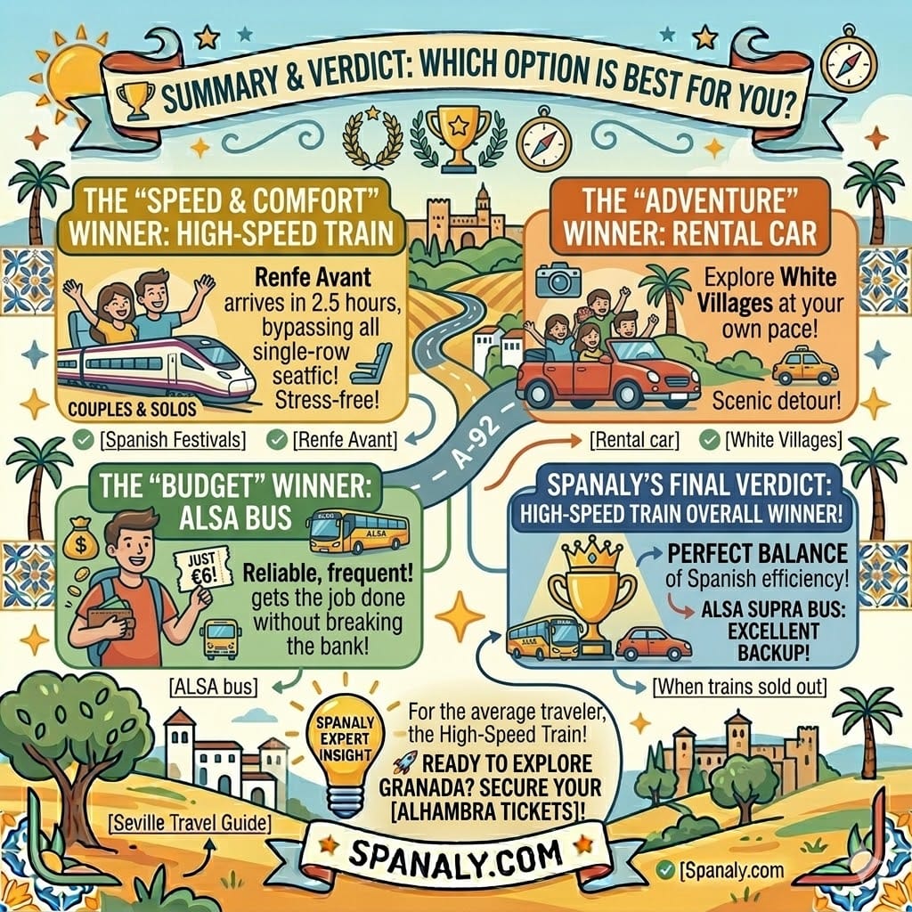 Final verdict comparison for traveling from Seville to Granada by train, bus, and car.