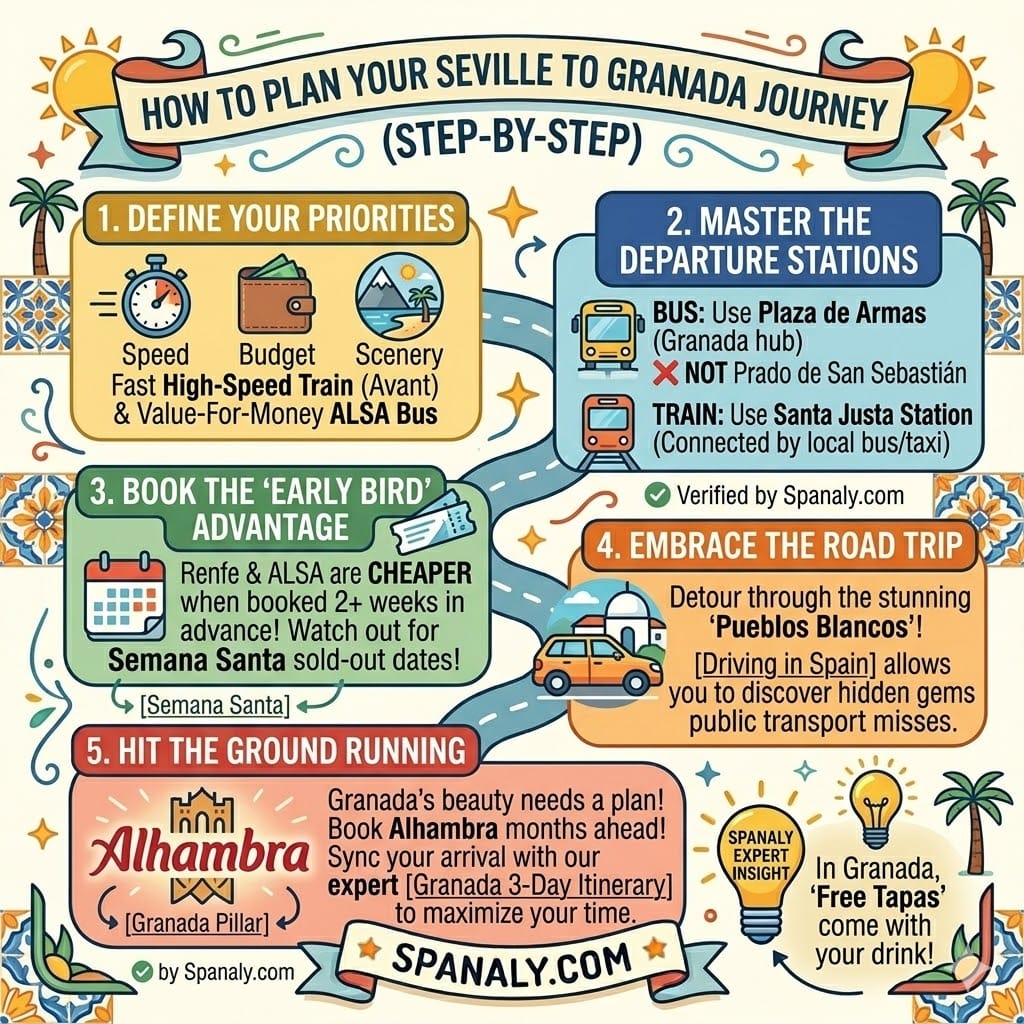 Step-by-step infographic guide for traveling from Seville to Granada by train, bus, and car.