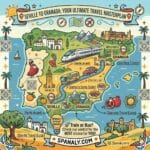 Infographic map showing travel options from Seville to Granada with train, bus, and car.