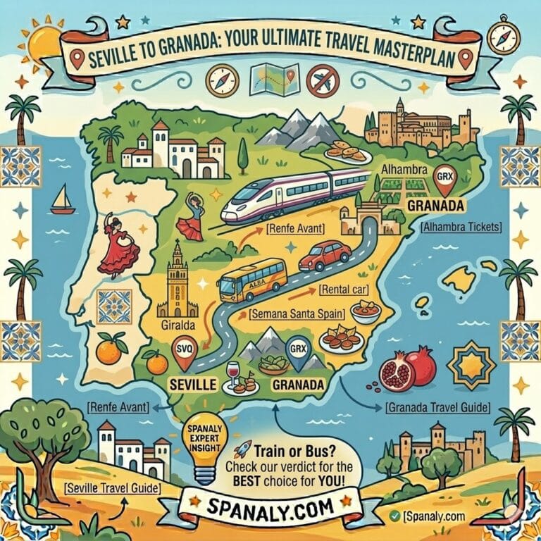 Infographic map showing travel options from Seville to Granada with train, bus, and car.