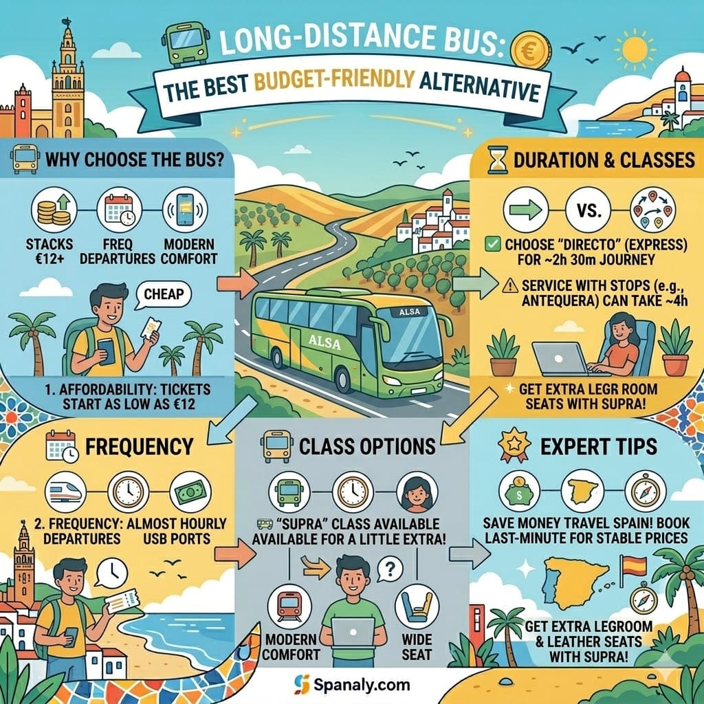 Infographic guide for taking the bus from Seville to Málaga, featuring ALSA bus prices, travel duration, and comfort features like Wi-Fi and Supra class.
