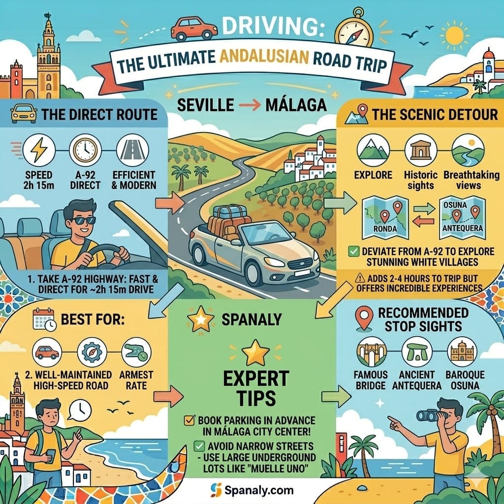 Infographic for driving from Seville to Málaga via A-92 highway, featuring scenic stops in Ronda, Antequera, and Osuna with parking tips for Málaga.