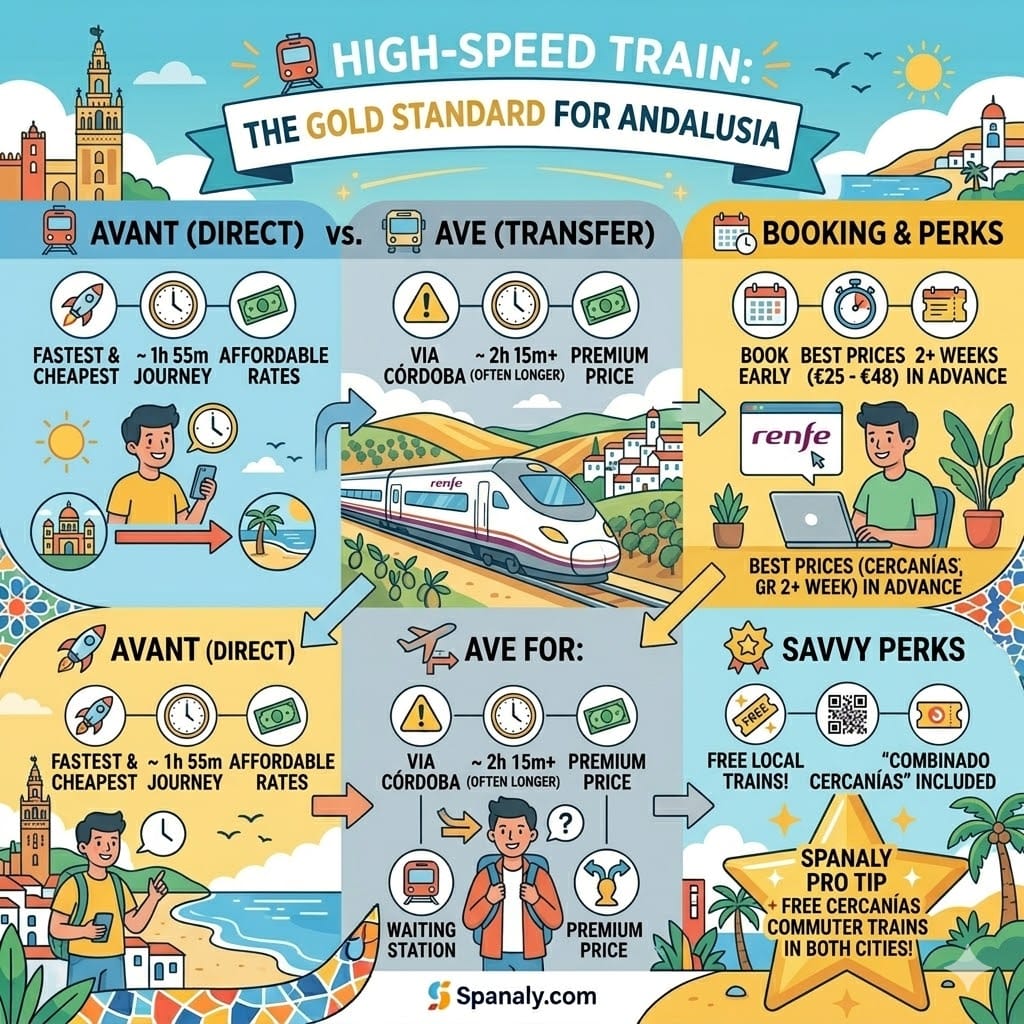 Infographic explaining the difference between Avant and AVE trains from Seville to Málaga, highlighting travel times and the free Combinado Cercanías perk.