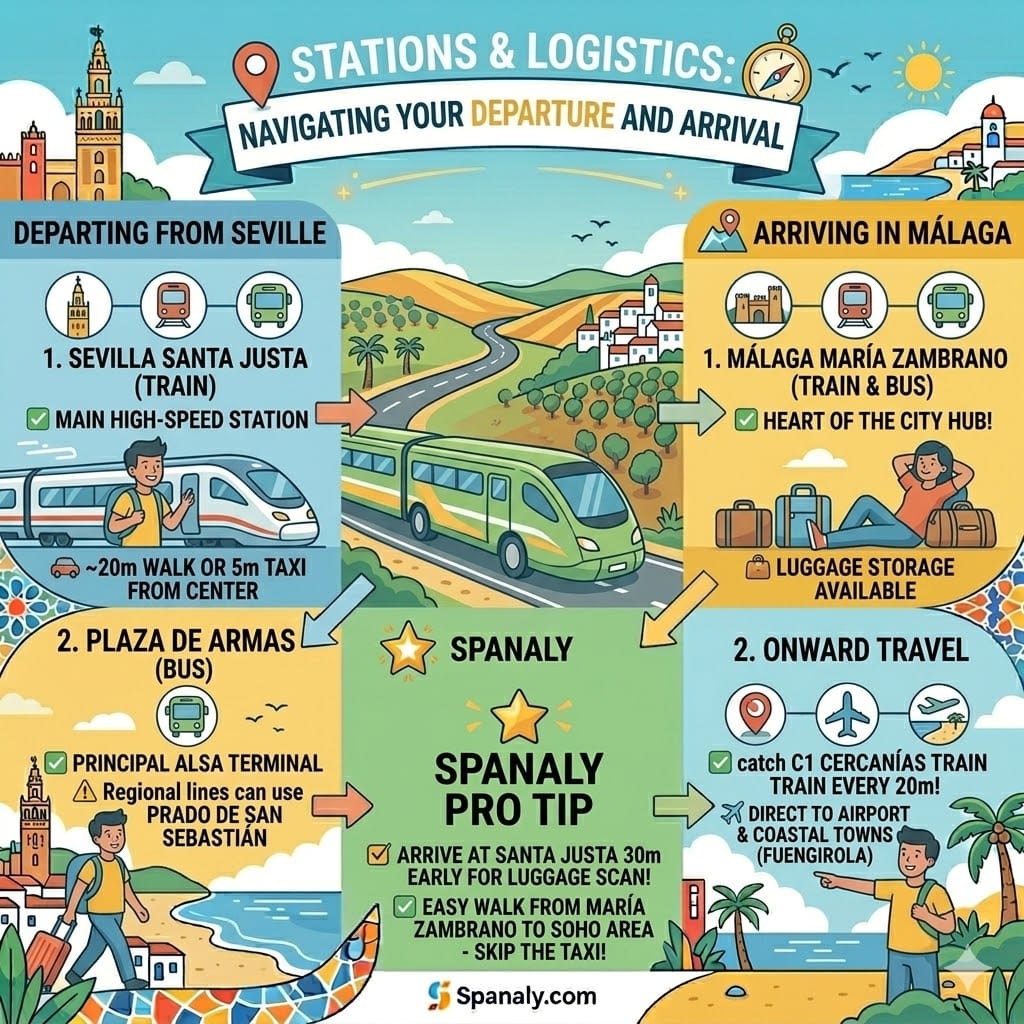 Logistics infographic showing Sevilla Santa Justa and Plaza de Armas stations, and Málaga María Zambrano hub with onward travel tips to the airport.