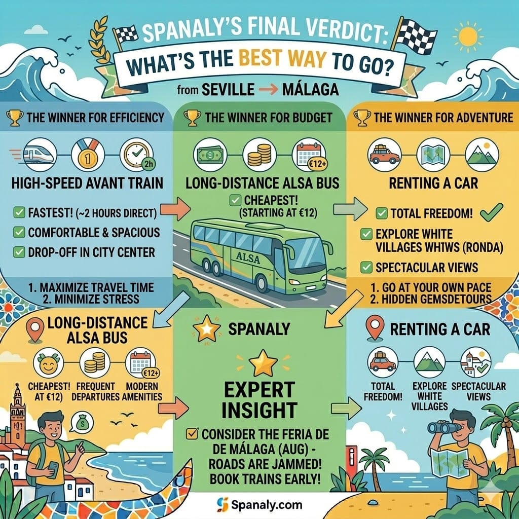 Summary infographic showing Spanaly's verdict on the best way to travel from Seville to Málaga, comparing train for efficiency, bus for budget, and car for adventure.