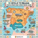 Epic infographic map of Andalusia showing the travel route from Seville to Málaga with icons for Giralda, Alcazaba, high-speed train, and local tapas.