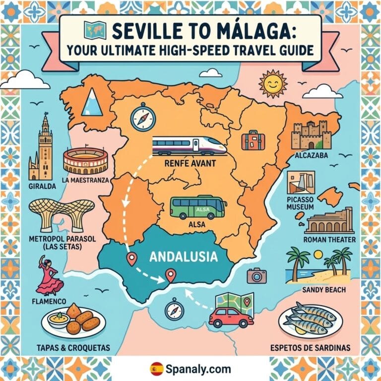Epic infographic map of Andalusia showing the travel route from Seville to Málaga with icons for Giralda, Alcazaba, high-speed train, and local tapas.