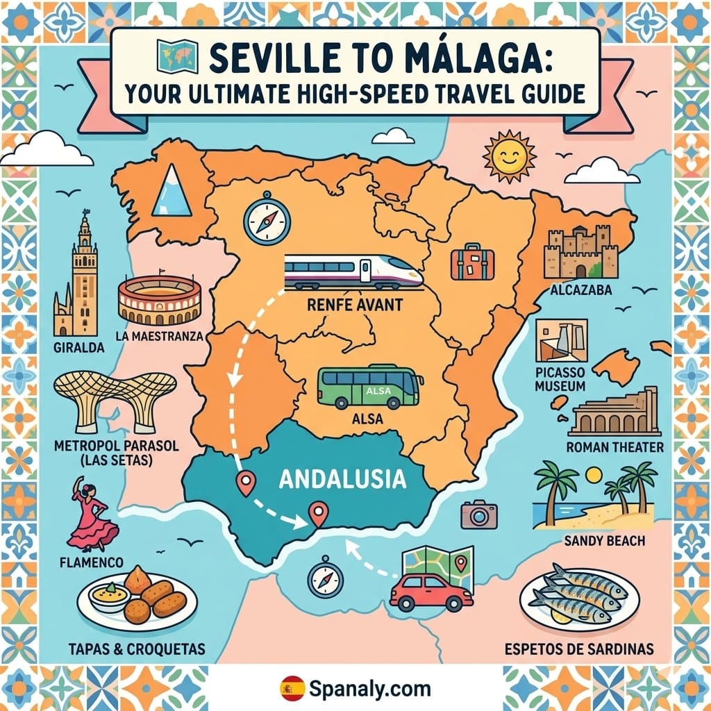 Epic infographic map of Andalusia showing the travel route from Seville to Málaga with icons for Giralda, Alcazaba, high-speed train, and local tapas.