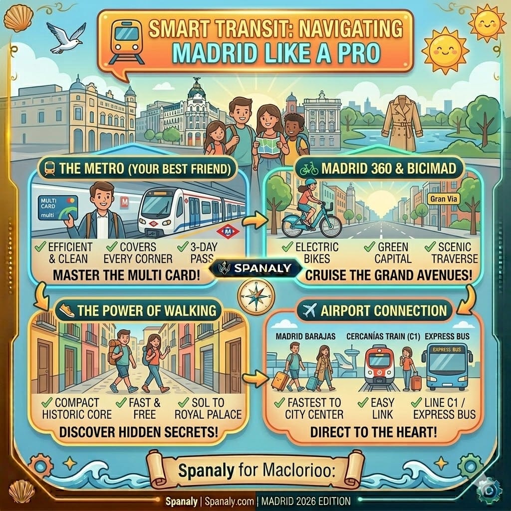 Infographic for navigating Madrid in 2026, showing the Metro Multi Card, BiciMAD electric bikes, walking routes from Sol to Royal Palace, and airport transfer options by Spanaly.com.