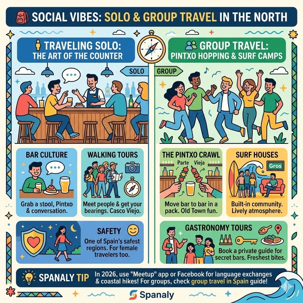 A colorful infographic for solo and group travel in the Basque Country. Left side features solo travel tips like bar culture, walking tours, and safety. Right side features group travel activities like Pintxo hopping in the Old Town, surf houses in Gros, and gastronomy tours. Includes a Spanaly tip about local meetups.