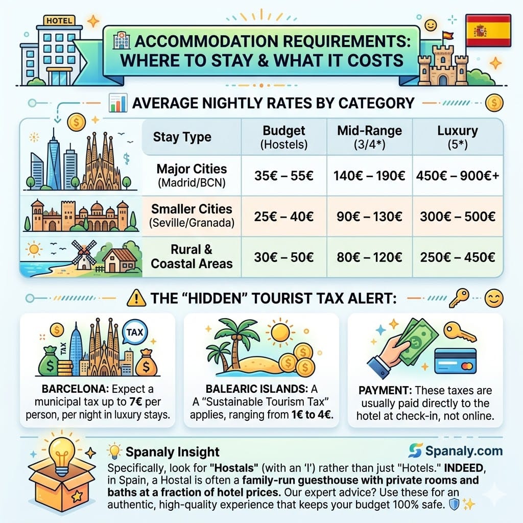 Infographic showing average nightly accommodation rates in Spain by category and region, with a specific alert about hidden tourist taxes in Barcelona and the Balearic Islands.