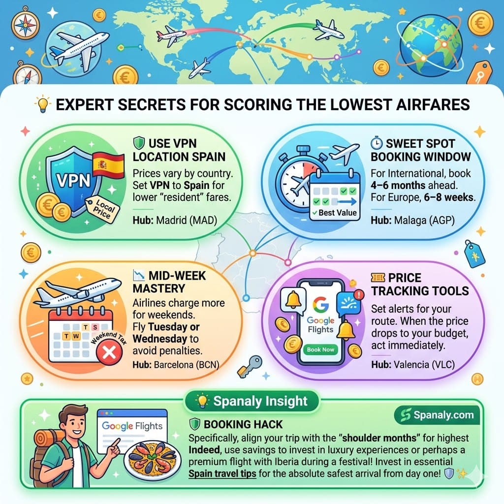 A vibrant 2026 travel infographic guide summarizing expert secrets for scoring the lowest airfares to Spain. It details four strategies: Using a VPN location set to Spain for local prices at Madrid (MAD) hub, timing long-haul bookings 4–6 months ahead at Malaga (AGP) hub, flying mid-week (Tuesday/Wednesday) at Barcelona (BCN) hub, and setting price alerts on Google Flights at Valencia (VLC) hub. Includes a Spanaly booking hack and a link to essential travel tips.