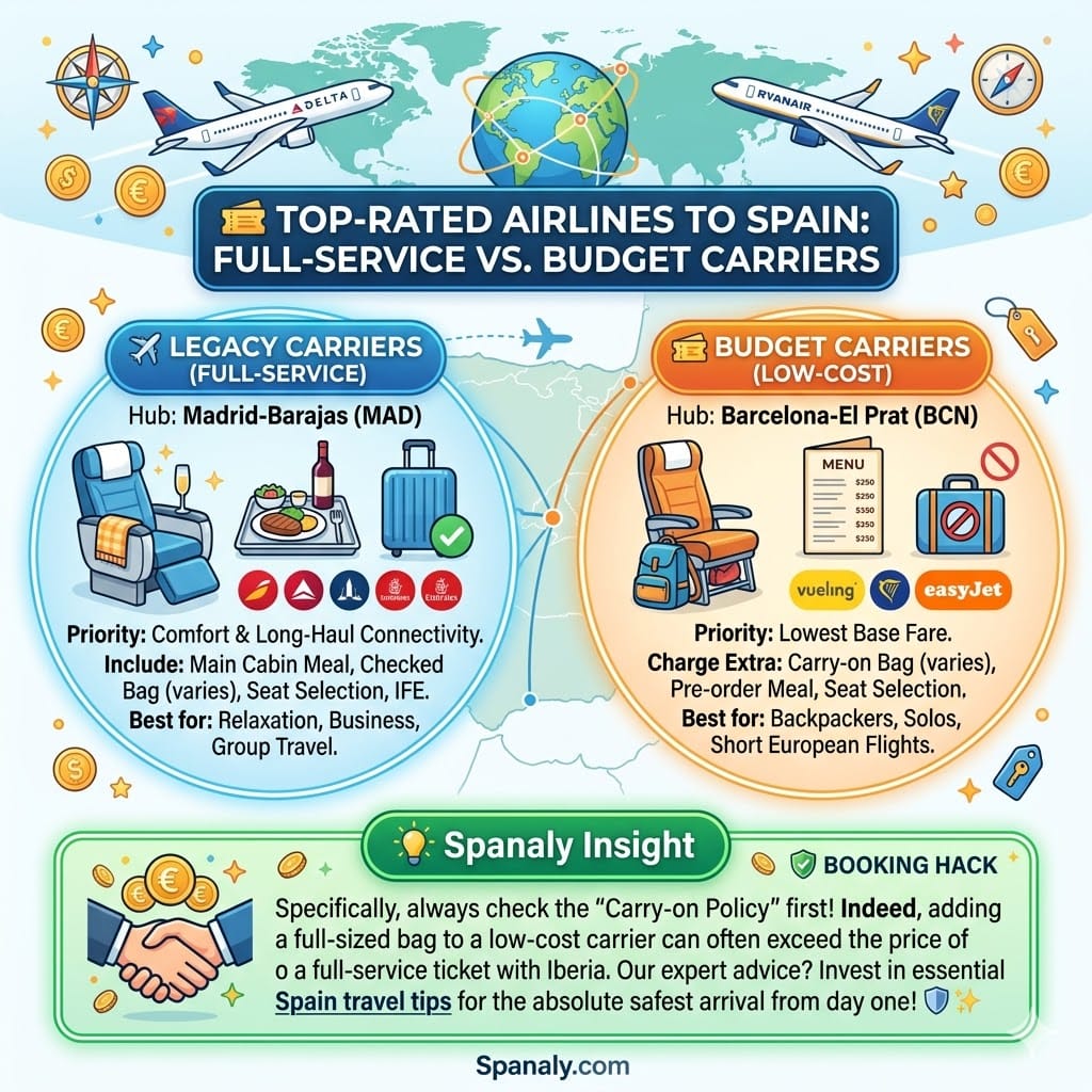 A vibrant 2026 travel infographic comparing full-service legacy airlines versus budget carriers for flights to Spain. The left panel shows Iberia and Delta with comfort features at Madrid (MAD) hub. The right panel shows Vueling and Ryanair with low-cost features at Barcelona (BCN) hub. Includes a Spanaly booking hack regarding carry-on policies and a link to essential travel tips.