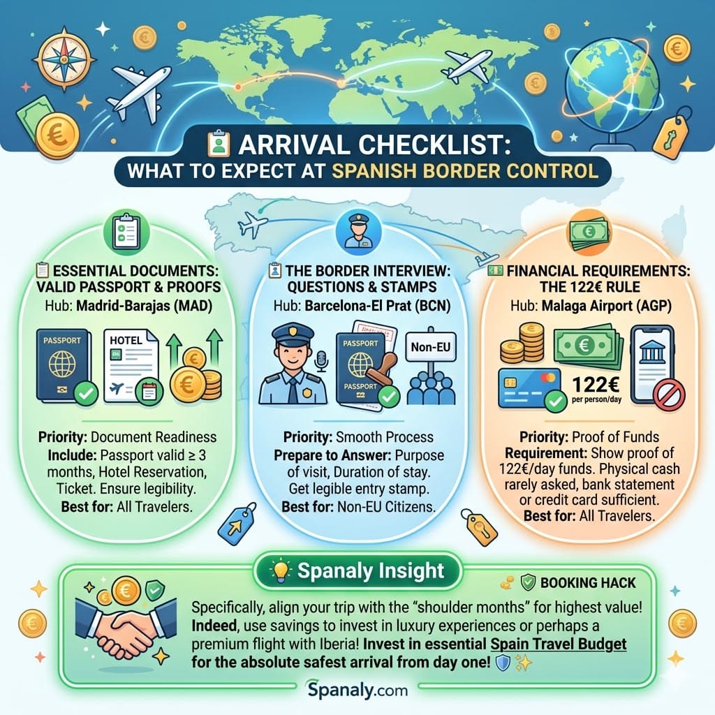 A vibrant 2026 travel infographic guide summarizing what to expect at Spanish Border Control. It details three categories: Essential Documents at Madrid (MAD) hub, The Border Interview at Barcelona (BCN) hub, and Financial Requirements at Malaga (AGP) hub. Includes a Spanaly booking hack and a link to the Spain Travel Budget guide.