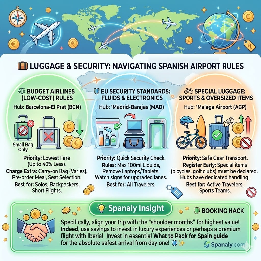 A vibrant 2026 travel infographic guide summarizing Spanish airport luggage and security rules. It details three categories: Budget Airlines (Low-Cost) Rules at Barcelona (BCN) hub, EU Security Standards (Fluids & Electronics) at Madrid (MAD) hub, and Special Luggage (Sports & Oversized Items) at Malaga (AGP) hub. Includes a Spanaly booking hack and a link to the What to Pack for Spain guide.