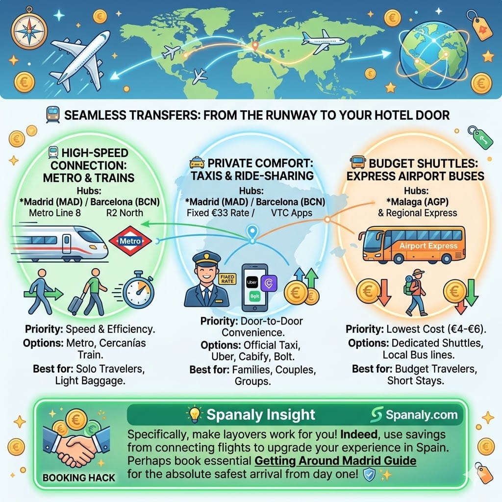 A vibrant 2026 travel infographic guide summarizing transport options from Spanish airports. It details three categories: High-Speed Metro & Trains at Madrid (MAD) & Barcelona (BCN) hubs, Private Taxis & Ride-Sharing at Madrid (MAD) & Barcelona (BCN) hubs, and Budget Airport Buses at Malaga (AGP) hub. Includes a Spanaly booking hack and a link to the Getting Around Madrid Guide.