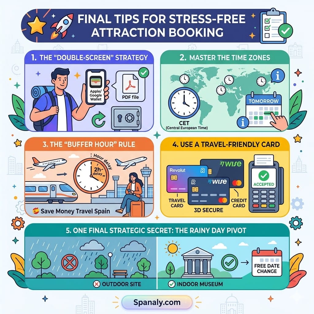 A colorful Spanaly infographic checklist for stress-free Spain attraction booking, featuring double-screen backups, time zone tips, buffer hour rules, travel-friendly card advice, and rainy day strategies for museums and outdoor sites.