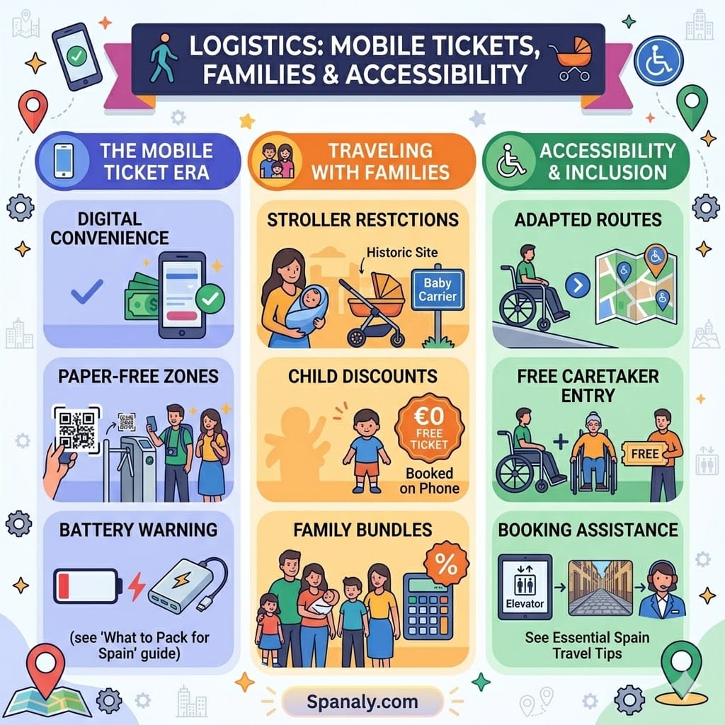 An expert square infographic guide by Spanaly based on image_206.png, detailing Spain attraction ticket logistics for 2026 across mobile, family, and accessibility categories, including QR code entry, stroller rules, €0 child tickets, and adapted routes for disabled visitors.