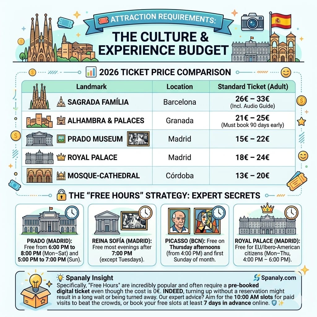 Infographic comparing 2026 Spain attraction prices for landmarks like Sagrada Família and Alhambra, with detailed free admission hours for Prado Museum, Reina Sofía, and other sites.