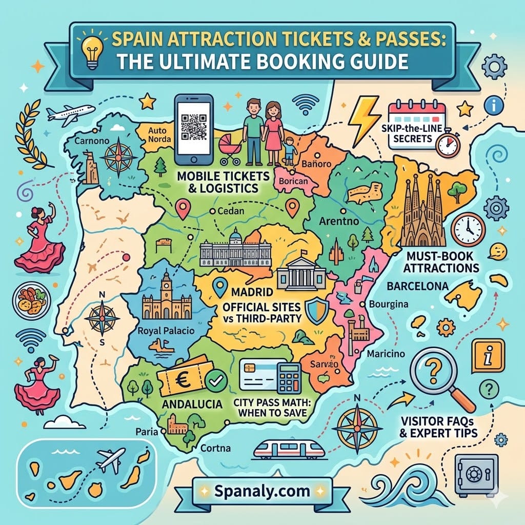 An epic square infographic map of Spain by Spanaly for the ultimate attraction tickets and passes booking guide, featuring icons for must-book sites like Sagrada Família, Prado Museum comparison, city pass savings math, mobile ticket logistics, and skip-the-line secrets in a vibrant colorful flat vector style.