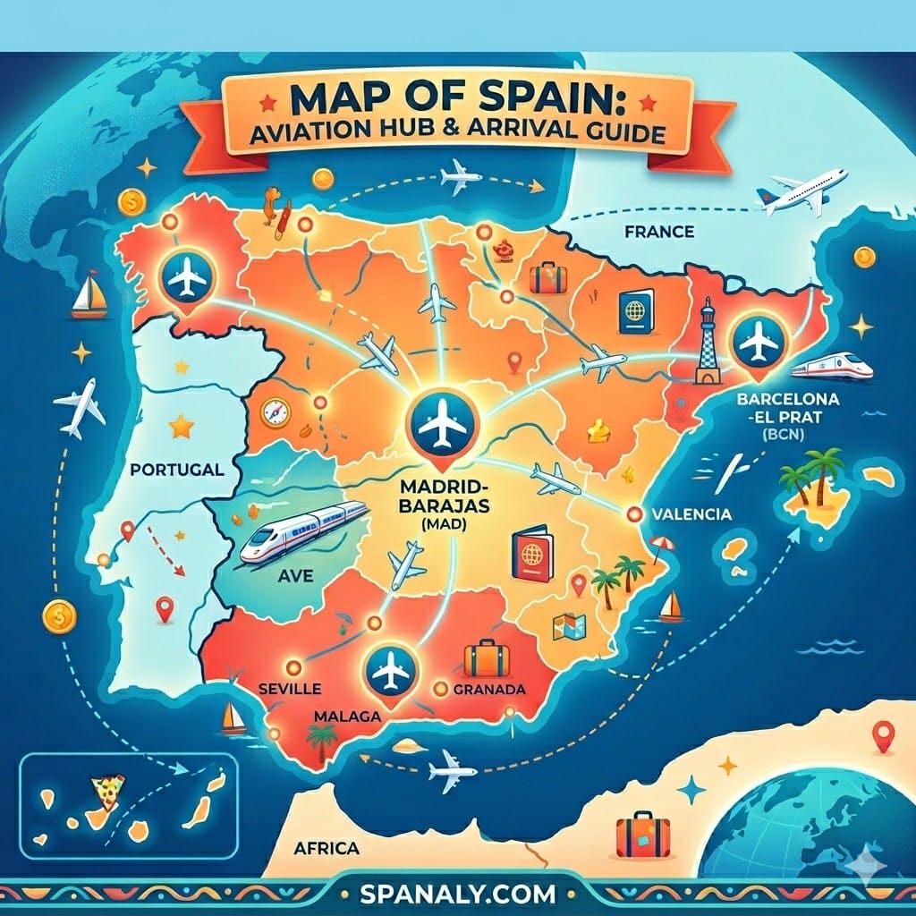 A professional 2026 infographic map of Spain focusing on aviation hubs. It highlights Madrid-Barajas (MAD), Barcelona-El Prat (BCN), and Malaga (AGP) airports with flight path icons, high-speed train routes, and arrival logistics symbols like passports and luggage. Includes the Spanaly.com branding at the bottom.