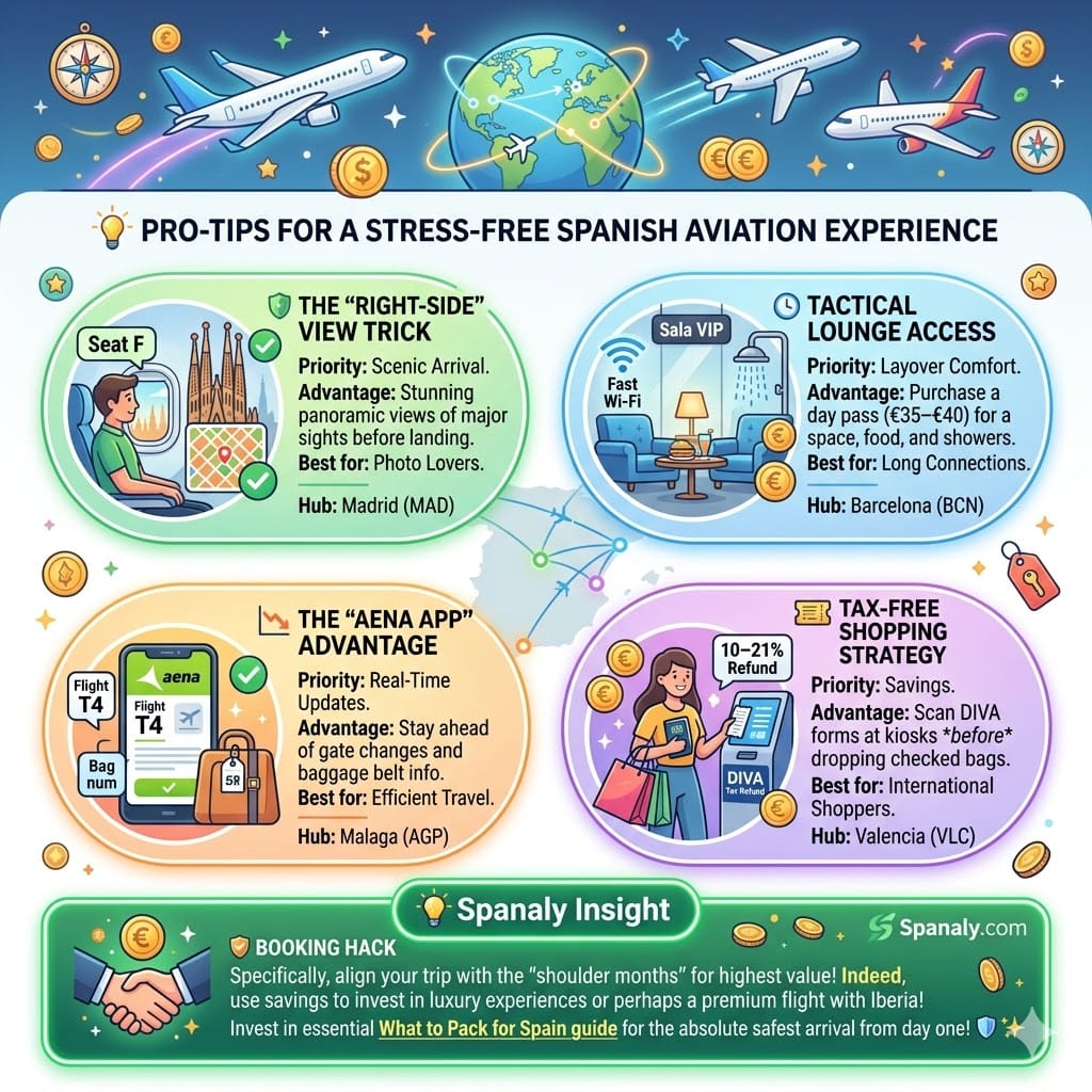 A vibrant 2026 travel infographic guide summarizing pro-tips for a stress-free Spanish aviation experience. It details four strategies: The "Right-Side" View Trick at Madrid (MAD) hub, Tactical Lounge Access at Barcelona (BCN) hub, The "AENA App" Advantage at Malaga (AGP) hub, and Tax-Free Shopping Strategy at Valencia (VLC) hub. Includes a Spanaly booking hack and a link to the What to Pack for Spain guide.