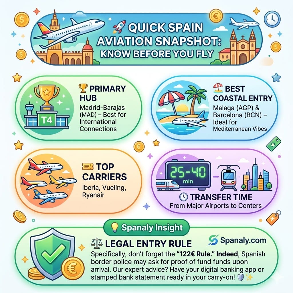 A colorful 2026 travel infographic summarizing Spain's aviation facts, including Madrid-Barajas as the primary hub, Malaga and Barcelona for coastal entry, top carriers like Iberia and Vueling, and a reminder of the 122€ legal entry rule.