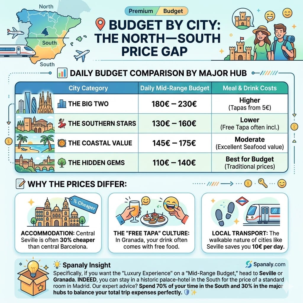 Infographic comparing daily travel budgets between major Spanish cities in 2026, showing price gaps for accommodation and meals between Premium North (Madrid, Barcelona) and Budget South (Seville, Granada).