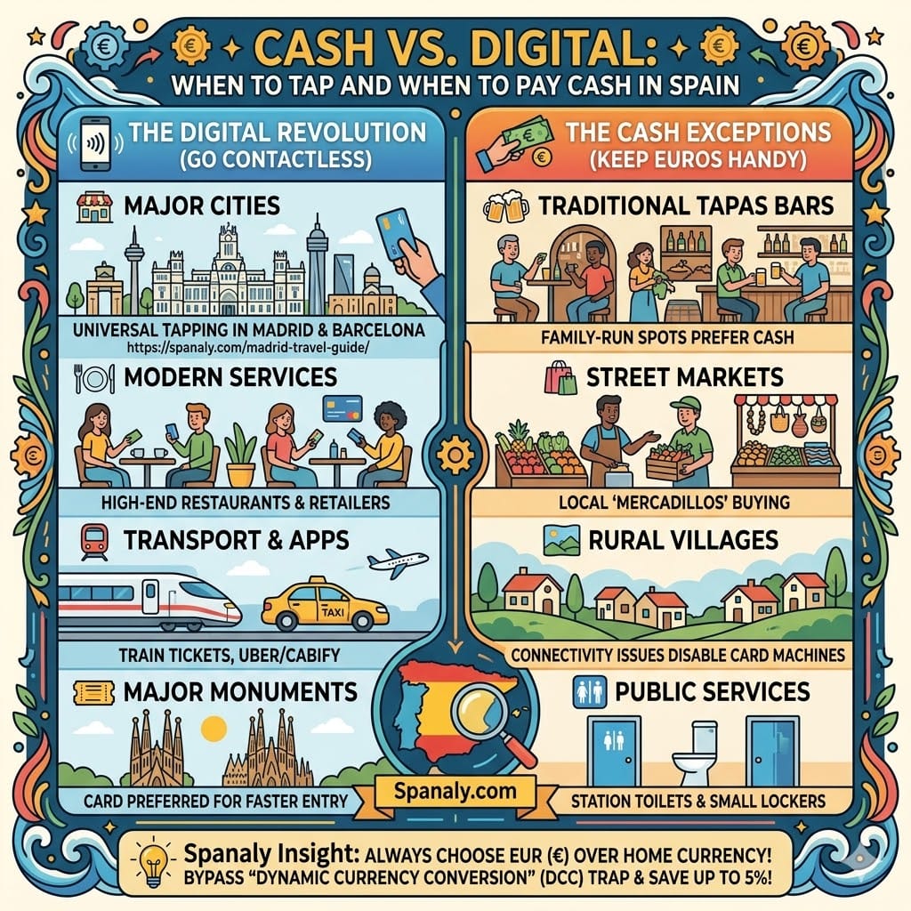 Spanaly guide comparing contactless payments vs cash in Spain. Features digital tips for Madrid & Barcelona apps, and cash advice for tapas bars & rural markets. Includes a pro tip to avoid DCC bank fees.