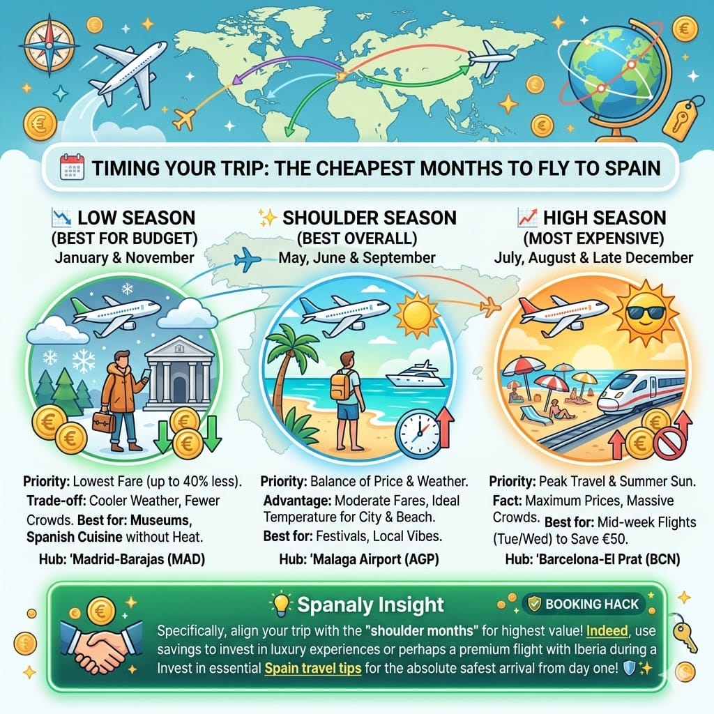 A vibrant 2026 travel infographic guide summarizing the cheapest months to fly to Spain. It details: Low Season with January & November at Madrid (MAD) hub, Shoulder Season with May & September at Malaga (AGP) hub, and High Season with July & August at Barcelona (BCN) hub. Includes a Spanaly booking hack and a link to essential travel tips.