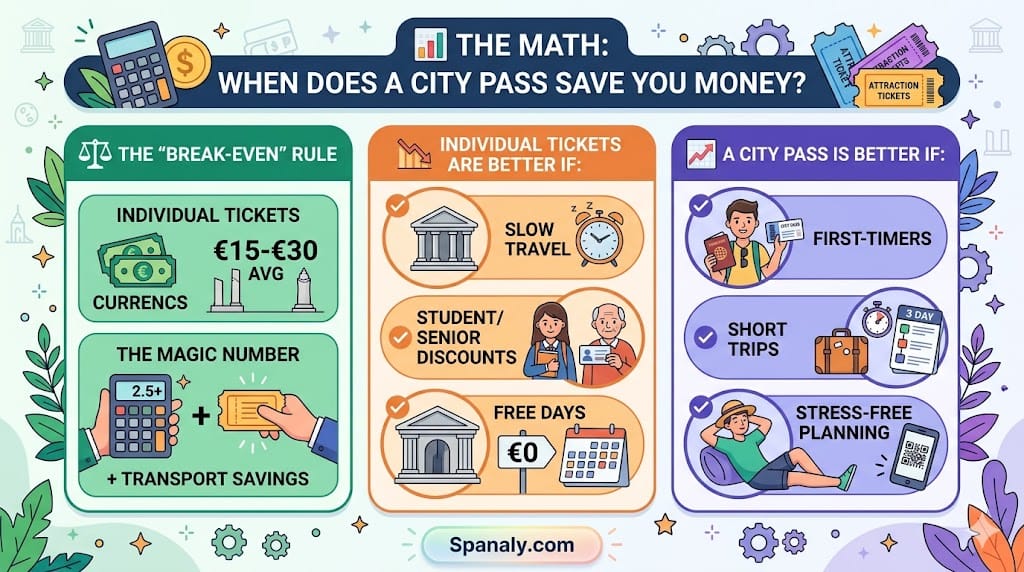 A vibrant colorful infographic by Spanaly titled 'The Math: When Does a City Pass Save You Money?' featuring a break-even rule calculation, situations where individual tickets are better versus where a city pass is better, with icons, dollar signs, and specific benefits.