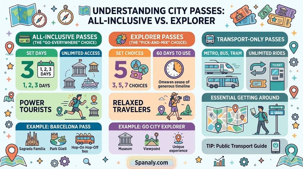 A vibrant colorful infographic by Spanaly comparing Spain city passes: All-Inclusive versus Explorer and Transport-only options, detailing benefits for power tourists and relaxed travelers with specific icons and examples.