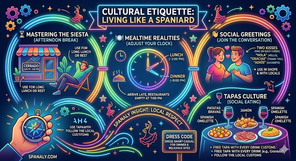 Vibrant infographic checklist for Spain cultural etiquette, detailing mastering the siesta afternoon break (2PM-5PM), adjusted mealtimes for lunch and dinner, social greetings with two kisses, and tapas culture tips by Spanaly.com.