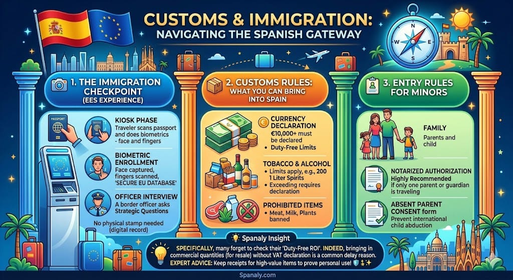 Infographic guiding travelers through Spain customs and immigration, explaining the EES biometric process, duty-free limits, currency declaration, and entry rules for minors.