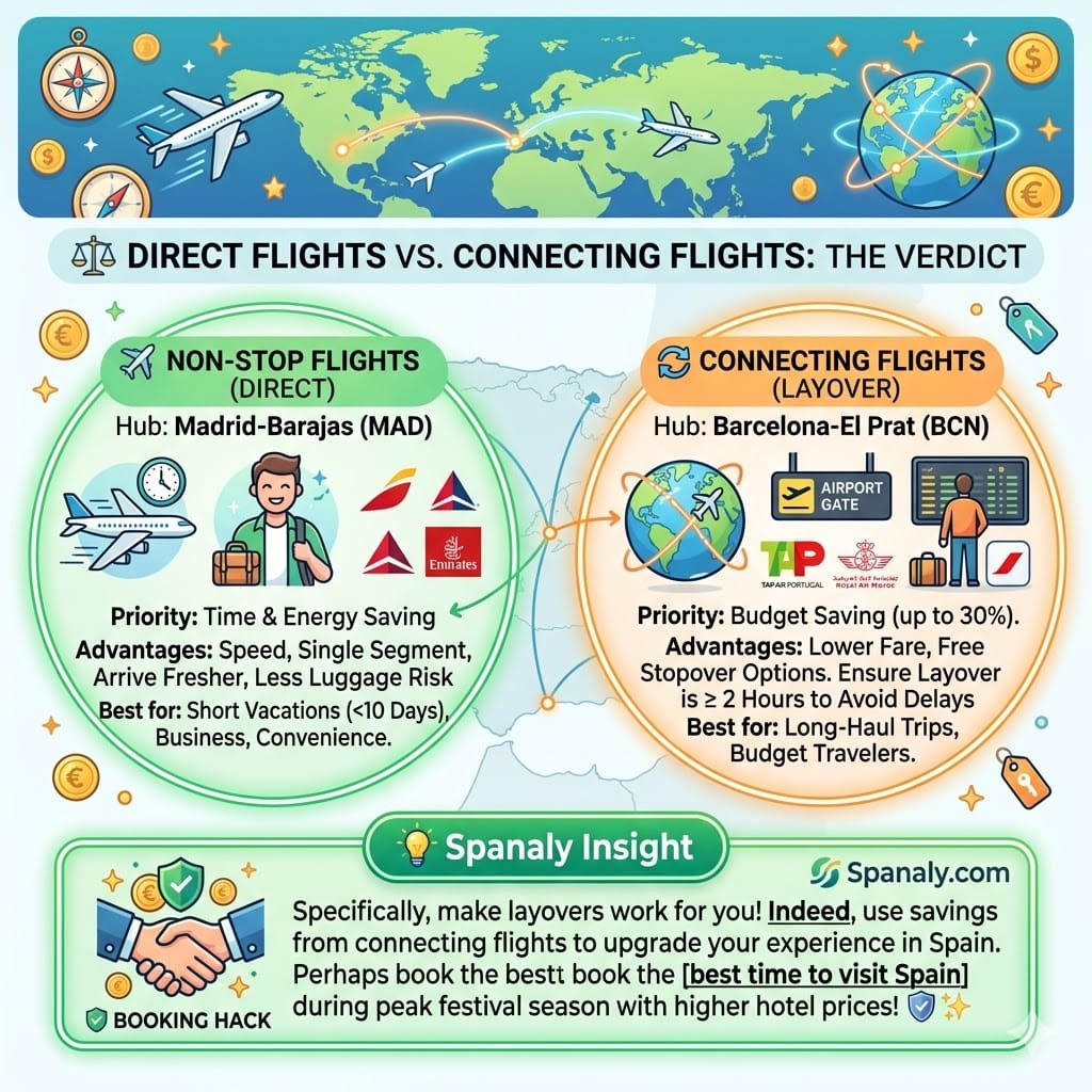 A colorful infographic comparing direct flights with connecting flights to Spain. The left panel shows speed features at Madrid (MAD), and the right shows budget features at Barcelona (BCN). Includes a Spanaly booking hack for using layover savings and a link to the best time to visit Spain.