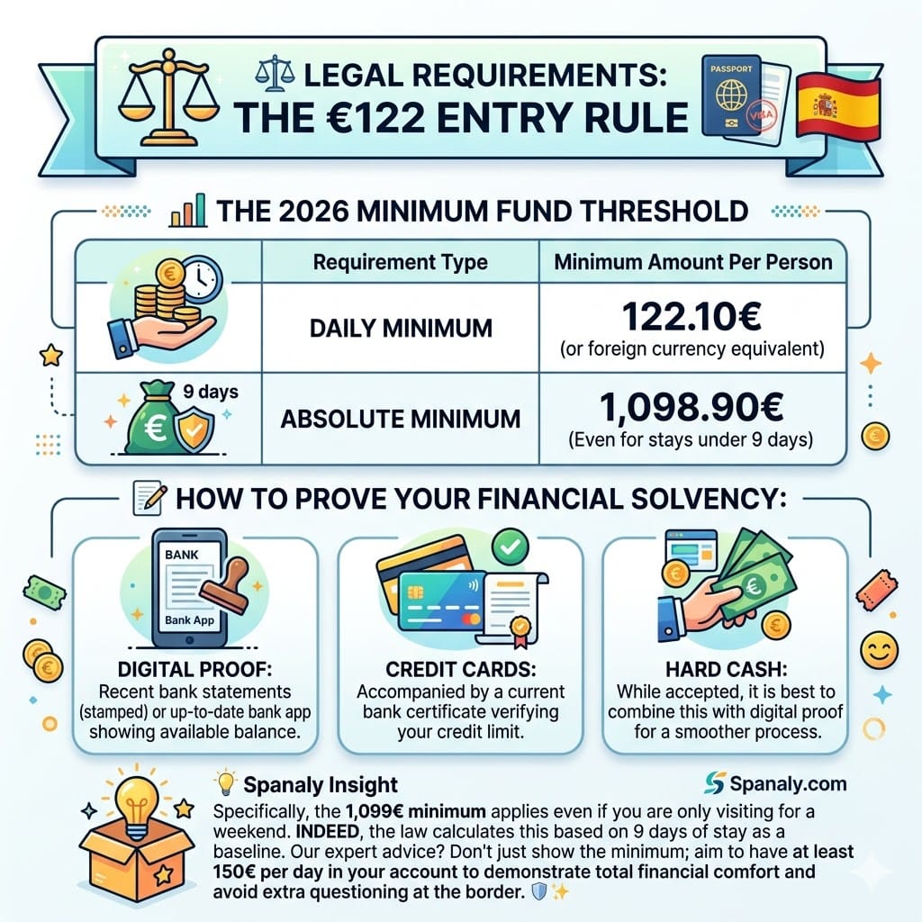 Infographic detailing the 122€ daily fund requirement for Spain entry in 2026, showing the absolute minimum of 1098€ and ways to prove financial solvency via bank apps or credit cards.