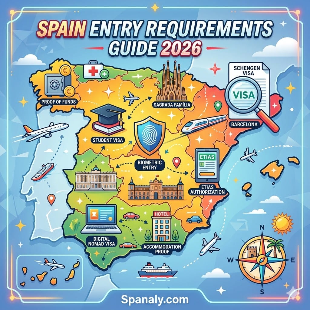 Epic infographic map detailing Spain entry requirements, featuring Schengen Visa, ETIAS, EES Biometric Entry, Digital Nomad Visa, proof of funds, and health insurance icons on a vibrant map of Spain.