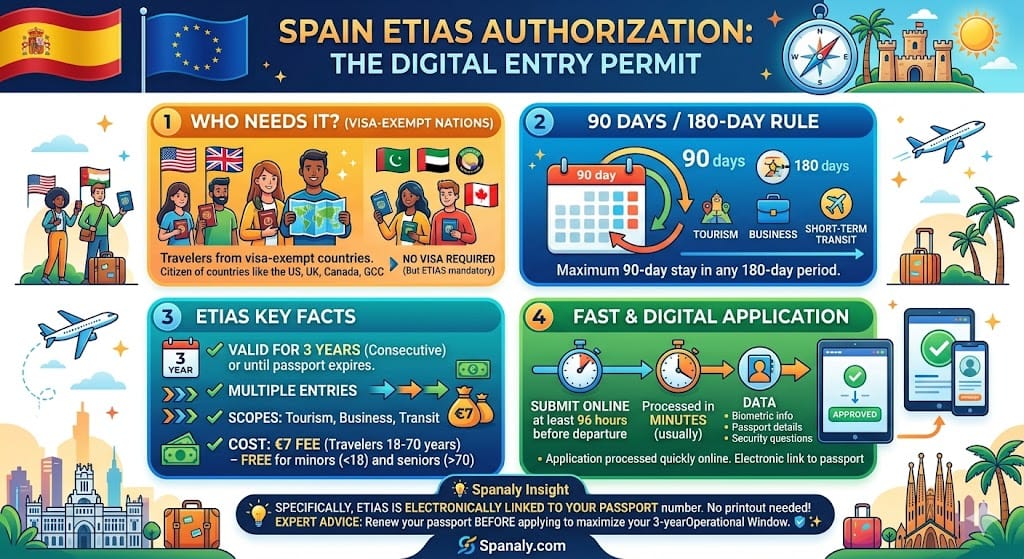 Spain ETIAS authorization infographic for visa-exempt travelers explaining the 3-year validity, 90-day rule, application fees, and digital passport linking.