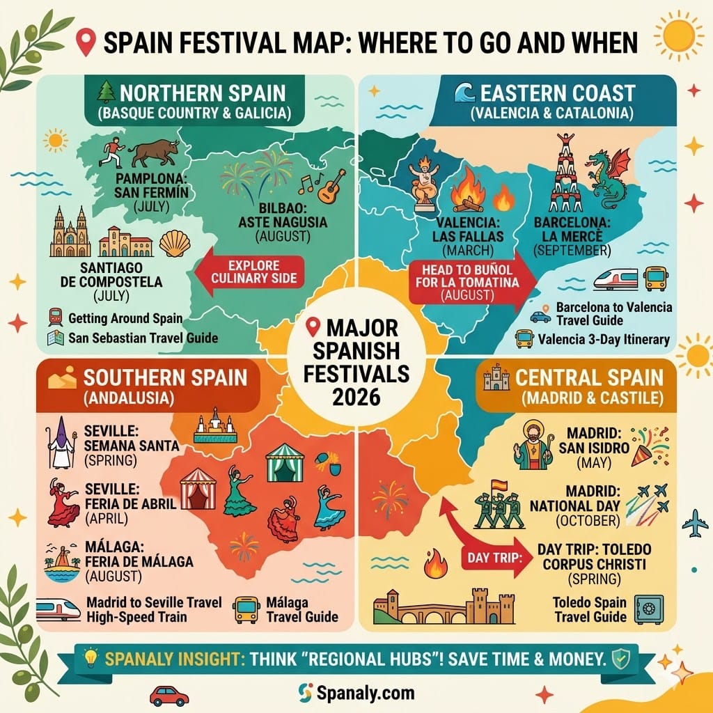 Infographic map of Major Spanish Festivals 2026 by region. Guide to San Fermin, Las Fallas, Semana Santa, and La Merce with travel tips. Spanaly.com