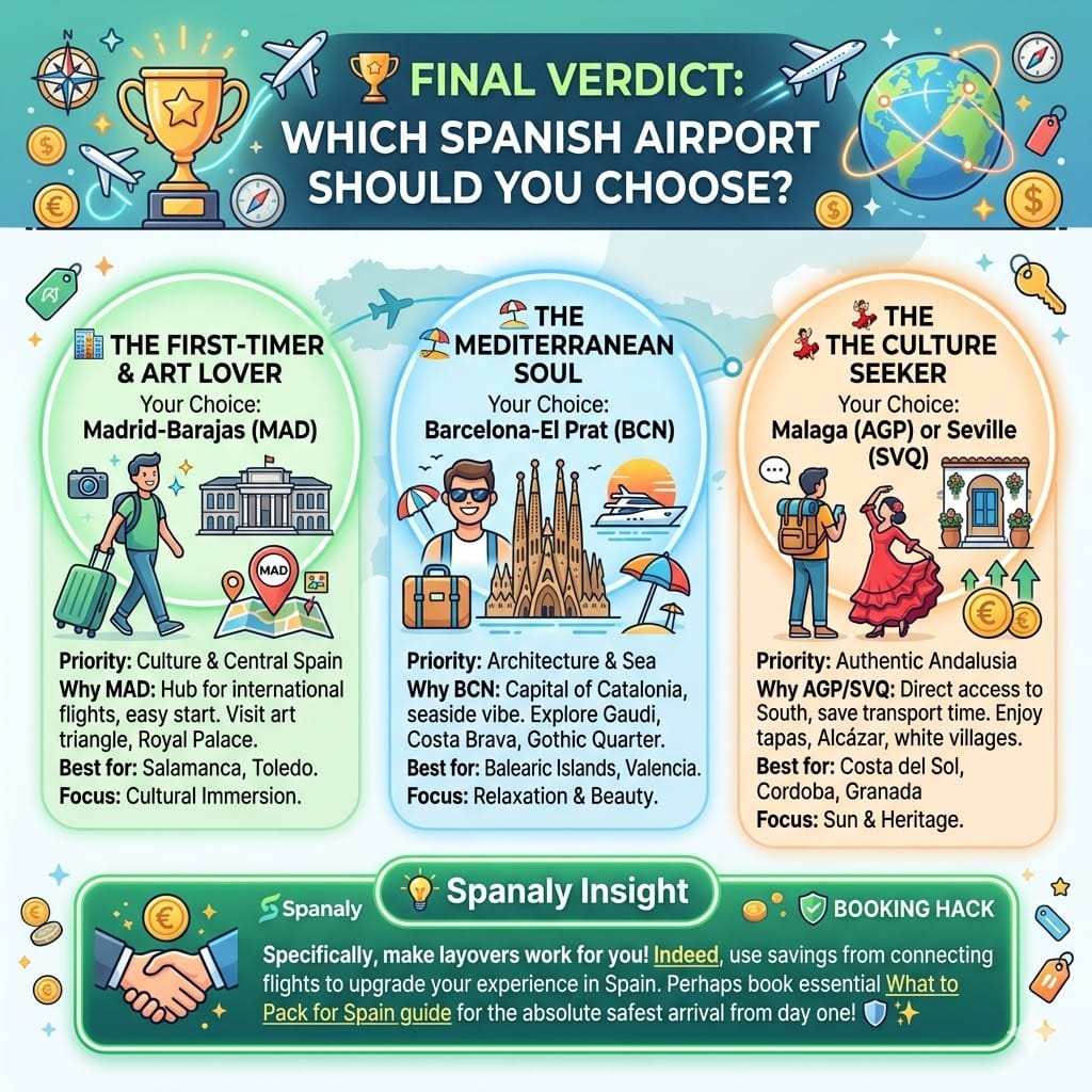A vibrant 2026 travel infographic guide summarizing the final verdict on choosing the best airport for flights to Spain. It details three main categories: The First-Timer & Art Lover at Madrid (MAD) hub, The Mediterranean Soul at Barcelona (BCN) hub, and The Culture Seeker at Malaga (AGP) or Seville (SVQ) hubs. Includes a Spanaly booking hack and a link to the What to Pack for Spain guide.