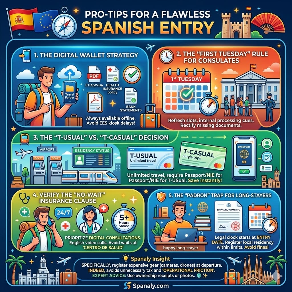 Infographic detailing pro-tips for entering Spain, including the digital wallet strategy, consulate appointment timing, public transport pass choices, telemedicine insurance clauses, and Padron registration tips.