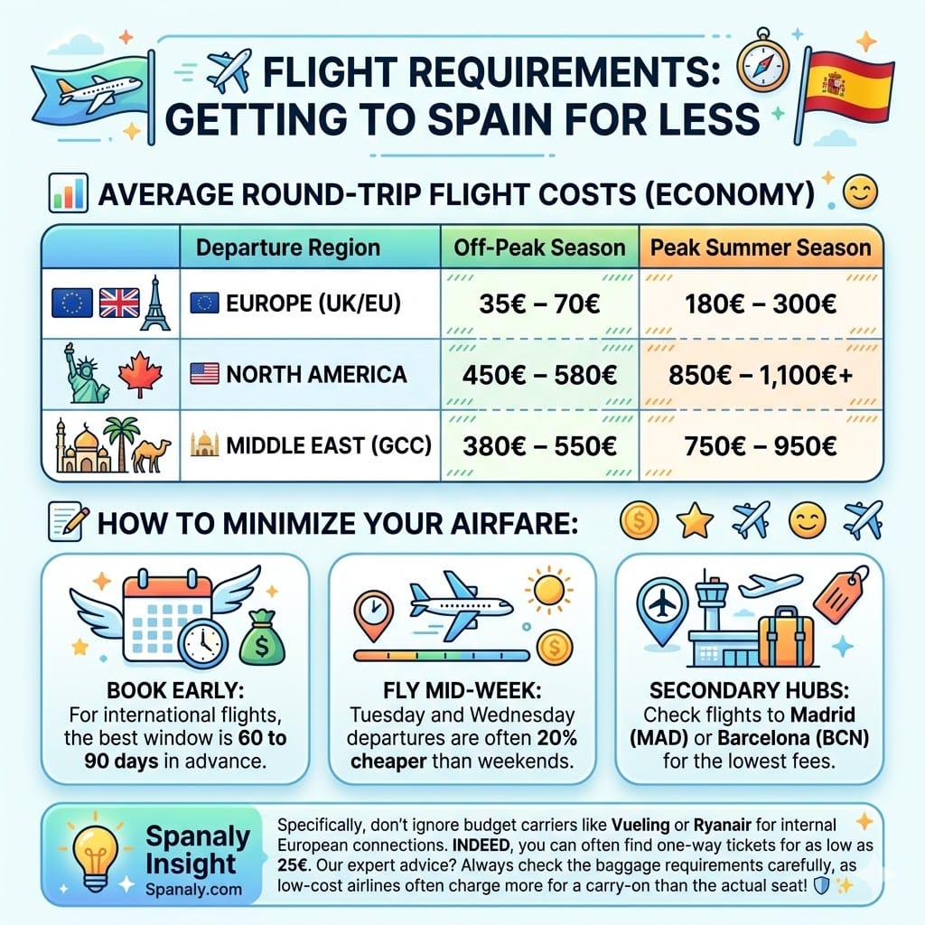 Infographic showing average round-trip flight costs to Spain from Europe, North America, and the Middle East, with tips on booking early and choosing secondary hubs.