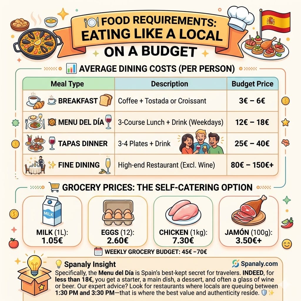 Infographic showing average dining costs in Spain per person, comparing breakfast, Menu del Día, tapas, and fine dining, along with grocery prices for basic items like milk, eggs, and chicken.