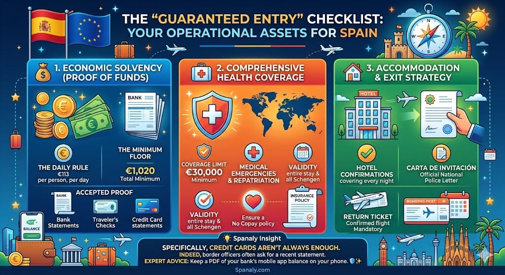 Infographic showing the Spain guaranteed entry checklist for travelers, detailing proof of funds requirements, health insurance limits, and accommodation strategy.