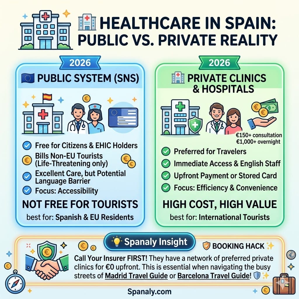 Infographic comparing healthcare in Spain for travelers, showing the Public System (SNS) for citizens and Private Clinics preferred for tourists, with costs like €150 consultation and €1,000 overnight.