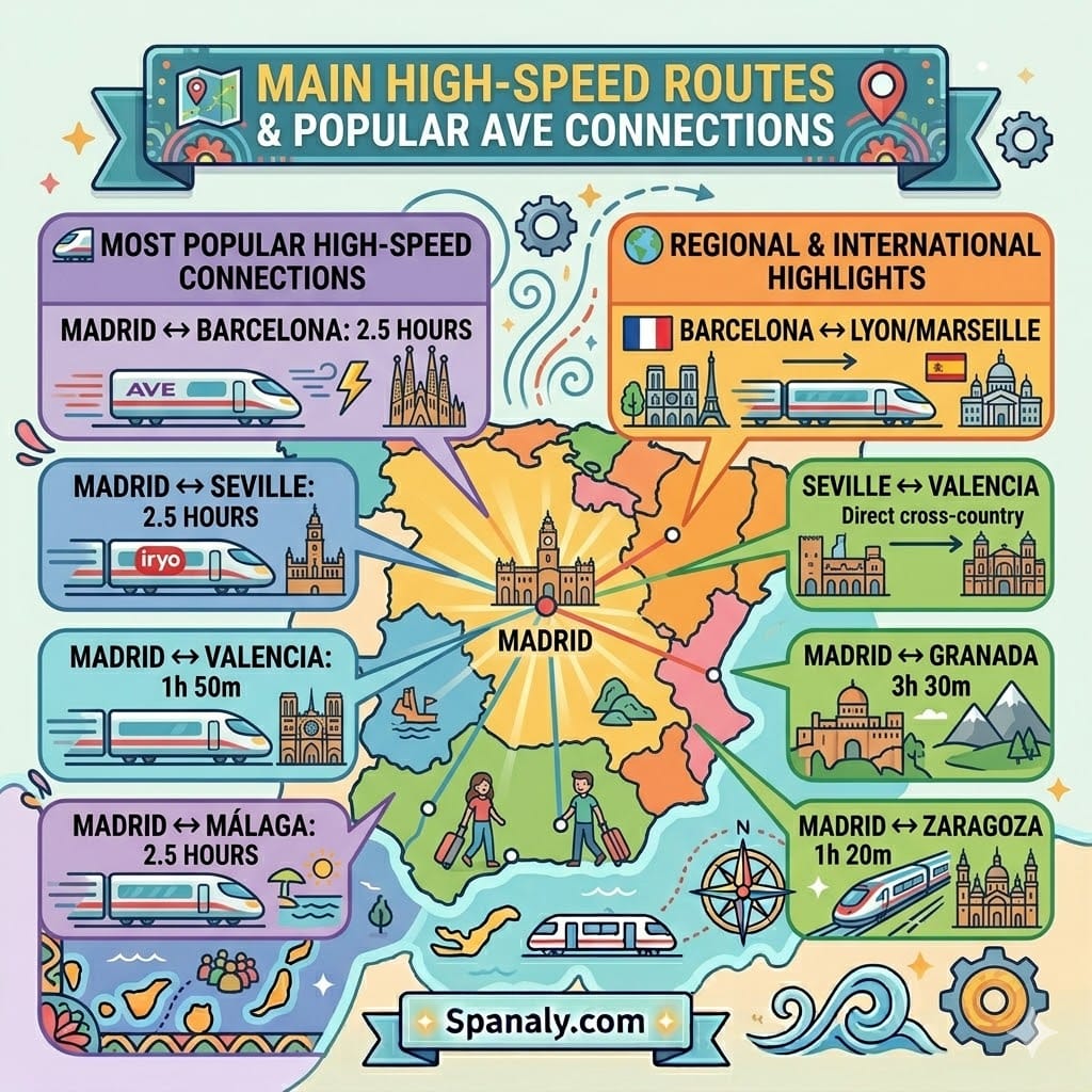 A vibrant colorful square infographic by Spanaly showing a Spain high-speed rail map with Madrid as the central hub, highlighting popular AVE connections and routes like Madrid to Barcelona in 2.5 hours, Seville in 2.5 hours, Valencia in 1h 50m, and international links like Barcelona to Lyon.