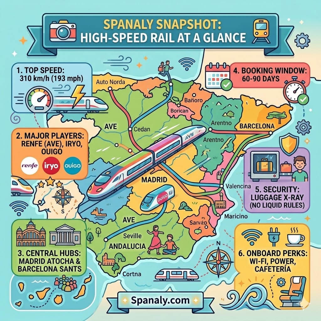 A vibrant colorful square infographic by Spanaly showing a Spain high-speed rail snapshot with a map and 6 key facts: top speed of 310 kmh, major players like Renfe AVE, Iryo, and Ouigo, central hubs in Madrid and Barcelona, 60-90 days booking window, luggage security rules, and onboard perks like Wi-Fi and cafeteria.
