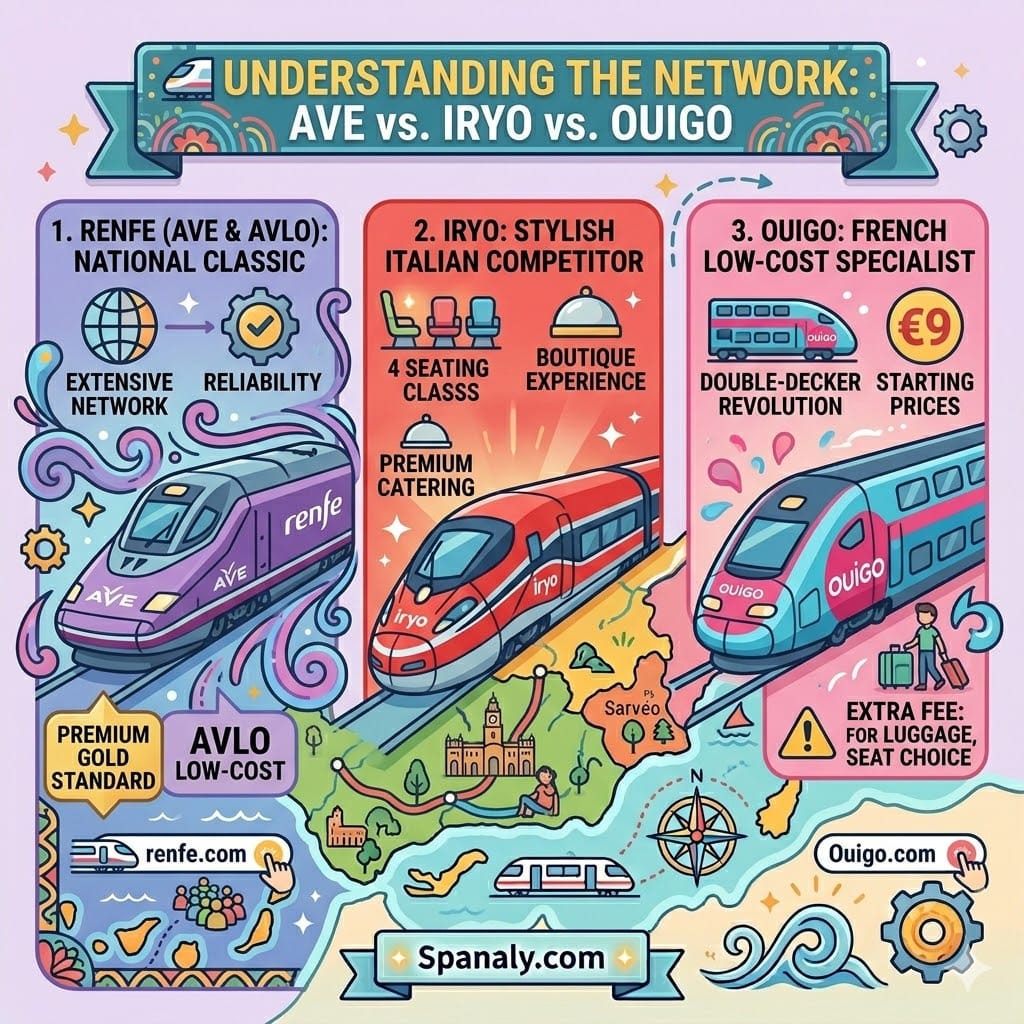 A vibrant colorful square infographic by Spanaly comparing Spain's high-speed train operators: Renfe AVE for reliability and extensive network, Iryo for a boutique Italian stylish experience with premium catering, and Ouigo for French low-cost double-decker trains starting at 9 euros, including official website links for booking.