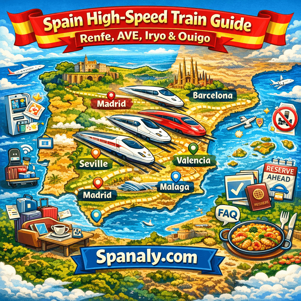 Spain high-speed train guide infographic showing AVE, Iryo and Ouigo routes between Madrid, Barcelona, Seville, Valencia and Malaga
